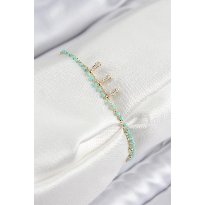 Pirinç Zirkon Taşlı Mavi Boncuklu Model Gold Renk Kadın Bileklik - Lisinya