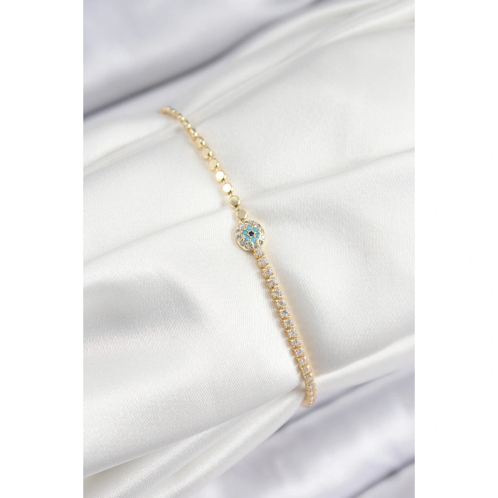 Pirinç Zirkon Taşlı Nazar Model Ezme Zincir Gold Renk Kadın Bileklik - Lisinya