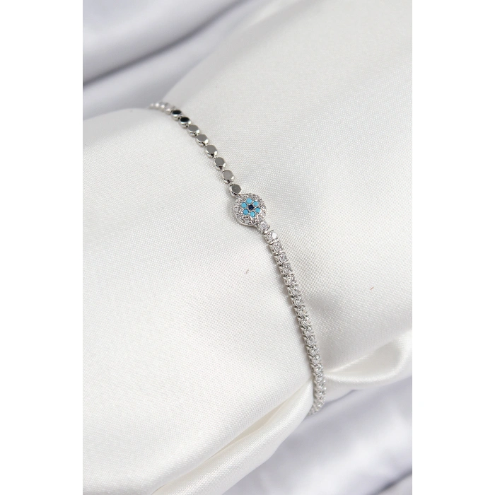 Pirinç Zirkon Taşlı Nazar Model Ezme Zincir Gümüş Renk Kadın Bileklik - Lisinya