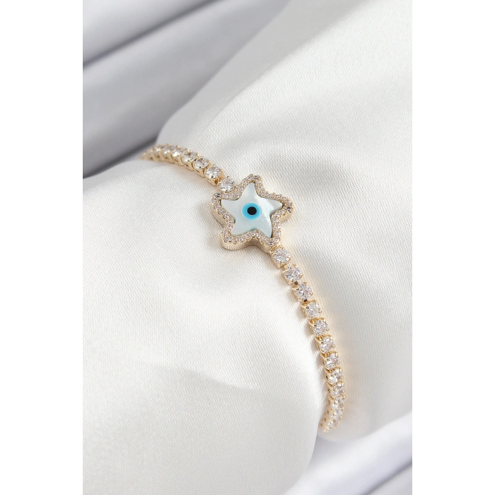 Pirinç Zirkon Taşlı Nazar Yıldız Model Gold Renk Asansörlü Kadın Bileklik - Lisinya