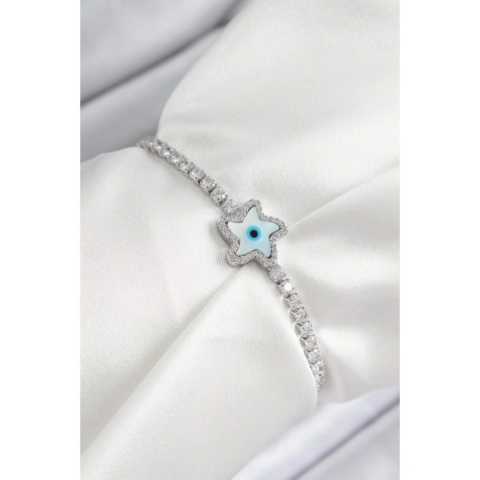 Pirinç Zirkon Taşlı Nazar Yıldız Model Gümüş Renk Asansörlü Kadın Bileklik - Lisinya