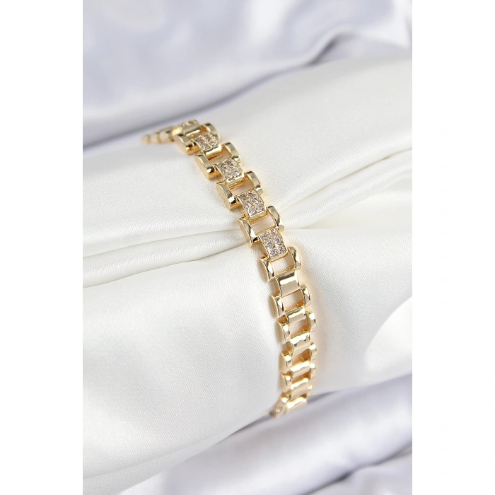 Pirinç Zirkon Taşlı Parçalı Model Gold Renk Kadın Bileklik - Lisinya