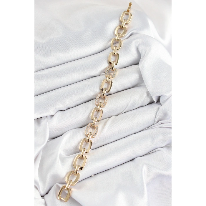 Pirinç Zirkon Taşlı Parçalı Zincir Model Gold Renk Kadın Bileklik - Lisinya