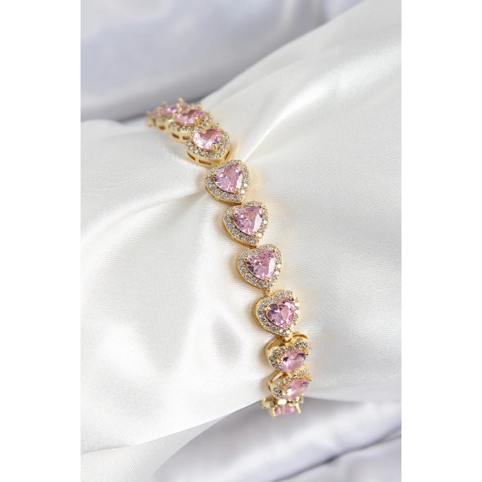 Pirinç Zirkon Taşlı Pembe Kalp Baget Model Gold Renk VIP Seri Kadın Bileklik - Lisinya