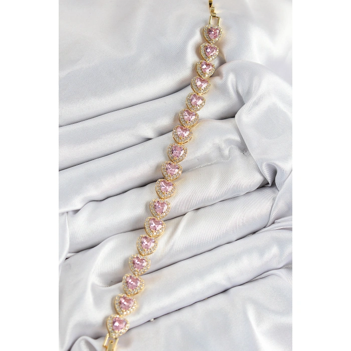 Pirinç Zirkon Taşlı Pembe Kalp Baget Model Gold Renk VIP Seri Kadın Bileklik - Lisinya