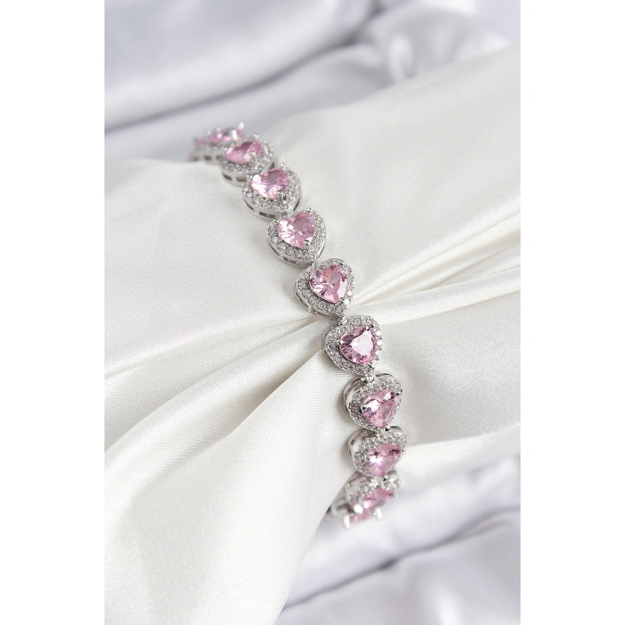 Pirinç Zirkon Taşlı Pembe Kalp Baget Model Gümüş Renk VIP Seri Kadın Bileklik - Lisinya