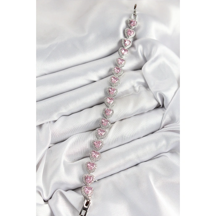 Pirinç Zirkon Taşlı Pembe Kalp Baget Model Gümüş Renk VIP Seri Kadın Bileklik - Lisinya