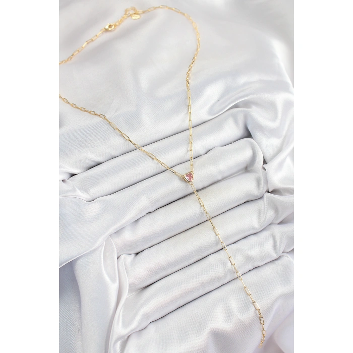 Pirinç Zirkon Taşlı Pembe Kalp Figürlü Y Model Gold Renk Kadın Kolye - Lisinya