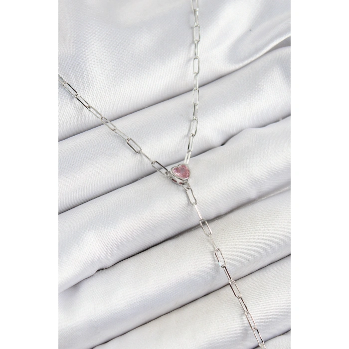 Pirinç Zirkon Taşlı Pembe Kalp Figürlü Y Model Gümüş Renk Kadın Kolye - Lisinya