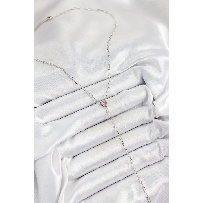 Pirinç Zirkon Taşlı Pembe Kalp Figürlü Y Model Gümüş Renk Kadın Kolye - Lisinya