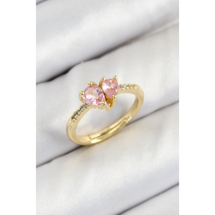 Pirinç Zirkon Taşlı Pembe Kalp Model Gold Renk Kadın Yüzük - Lisinya