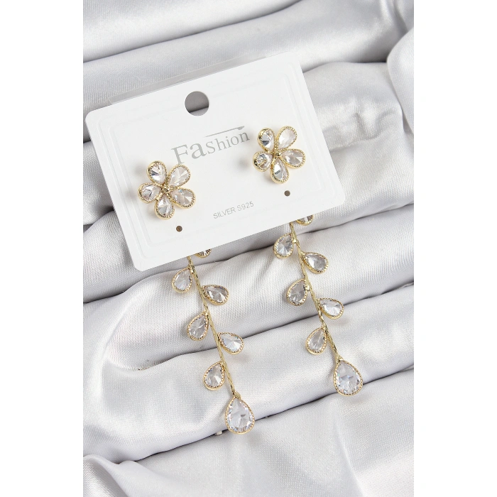 Pirinç Zirkon Taşlı Sallantılı Çiçek Model Gold Renk 925 Ayar Gümüş Çivi Kadın Küpe - Lisinya