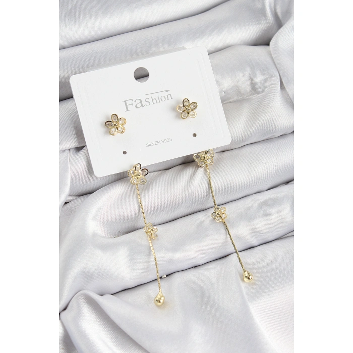 Pirinç Zirkon Taşlı Sallantılı Çiçek Model Gold Renk 925 Ayar Gümüş Çivi Kadın Küpe - Lisinya