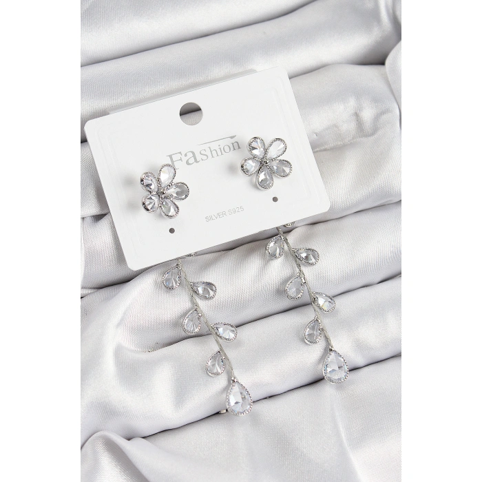 Pirinç Zirkon Taşlı Sallantılı Çiçek Model Gümüş Renk 925 Ayar Gümüş Çivi Kadın Küpe - Lisinya