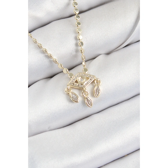 Pirinç Zirkon Taşlı Sallantılı Göz Model Ezme Zincir Gold Renk Kadın Kolye - Lisinya