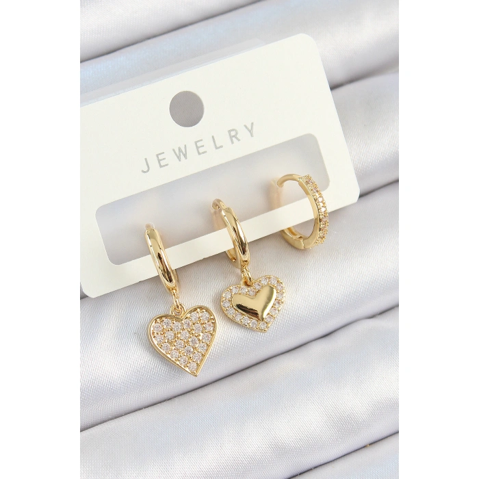 Pirinç Zirkon Taşlı Sallantılı Kalp Model Gold Renk 3lü Çift Kadın Küpe Set - Lisinya