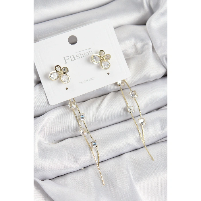 Pirinç Zirkon Taşlı Sallantılı Kelebek Model Gold Renk 925 Ayar Gümüş Çivi Kadın Küpe - Lisinya