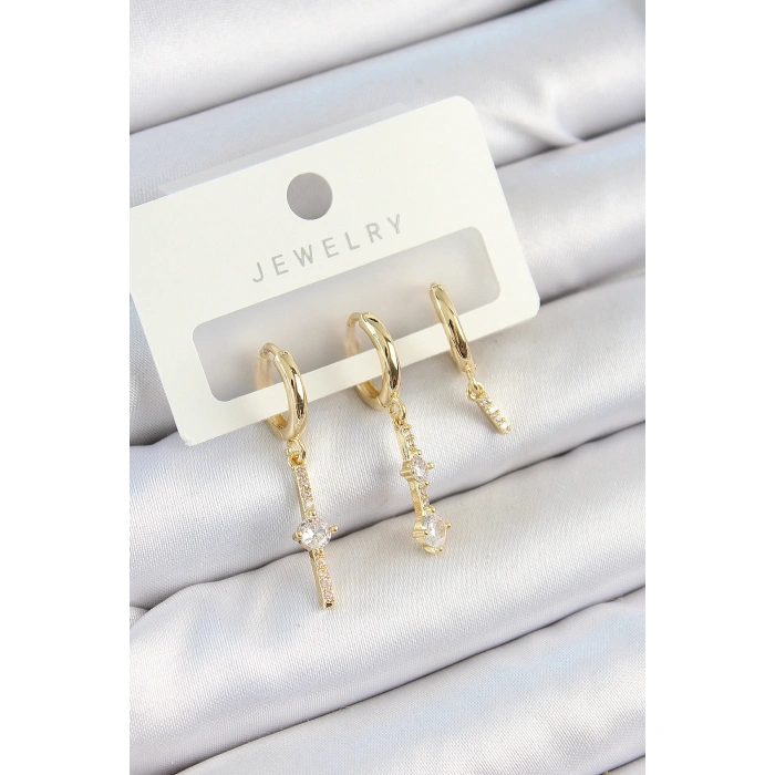 Pirinç Zirkon Taşlı Sallantılı Model Gold Renk 3lü Çift Kadın Küpe Set - Lisinya