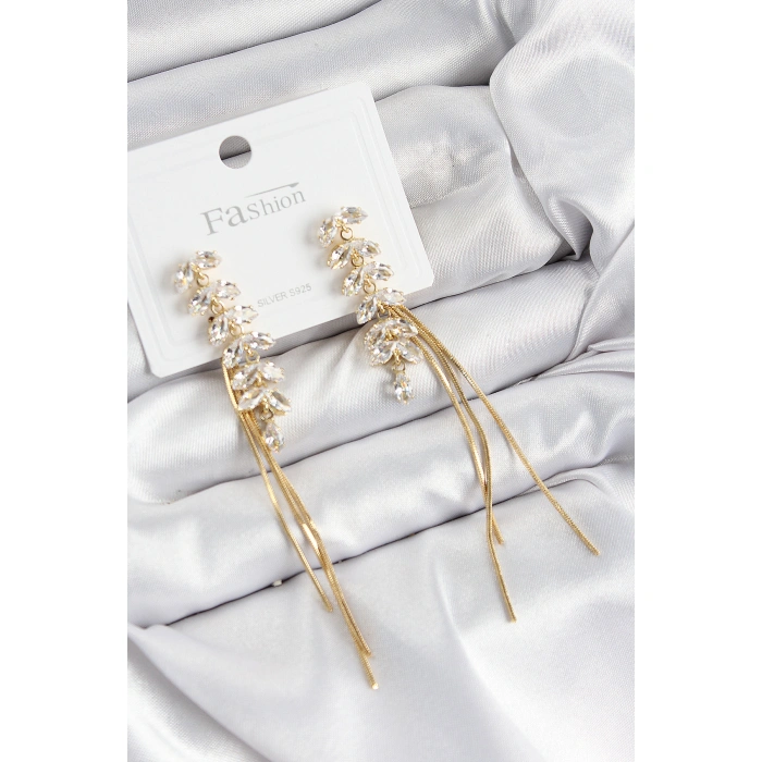 Pirinç Zirkon Taşlı Sallantılı Model Gold Renk 925 Ayar Gümüş Çivi Kadın Küpe - Lisinya