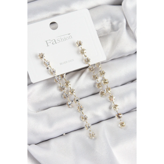 Pirinç Zirkon Taşlı Sallantılı  Model Gold Renk 925 Ayar Gümüş Çivi Kadın Küpe - Lisinya