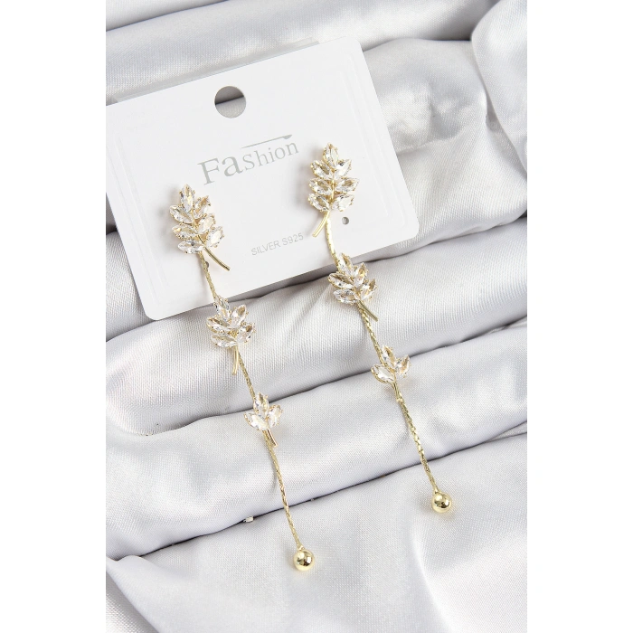 Pirinç Zirkon Taşlı Sallantılı  Model Gold Renk 925 Ayar Gümüş Çivi Kadın Küpe - Lisinya