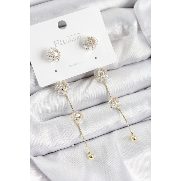 Pirinç Zirkon Taşlı Sallantılı  Model Gold Renk 925 Ayar Gümüş Çivi Kadın Küpe - Lisinya