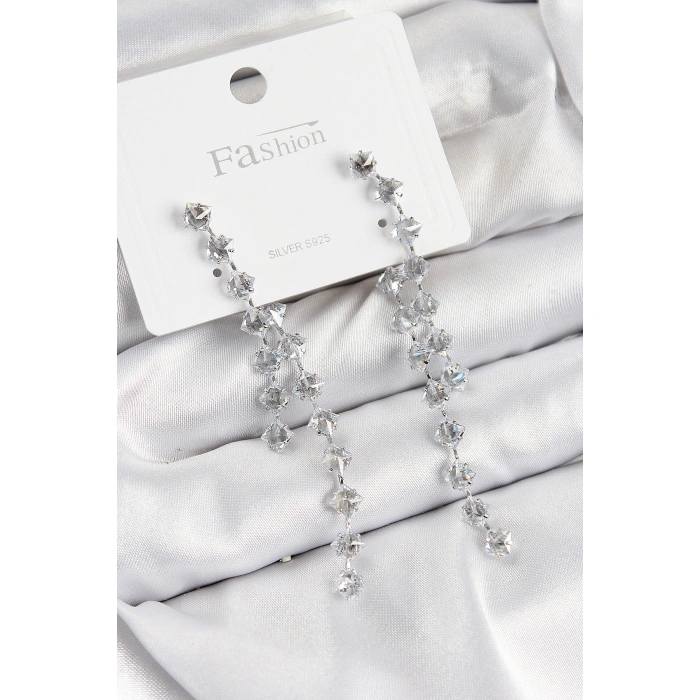 Pirinç Zirkon Taşlı Sallantılı  Model Gümüş Renk 925 Ayar Gümüş Çivi Kadın Küpe - Lisinya