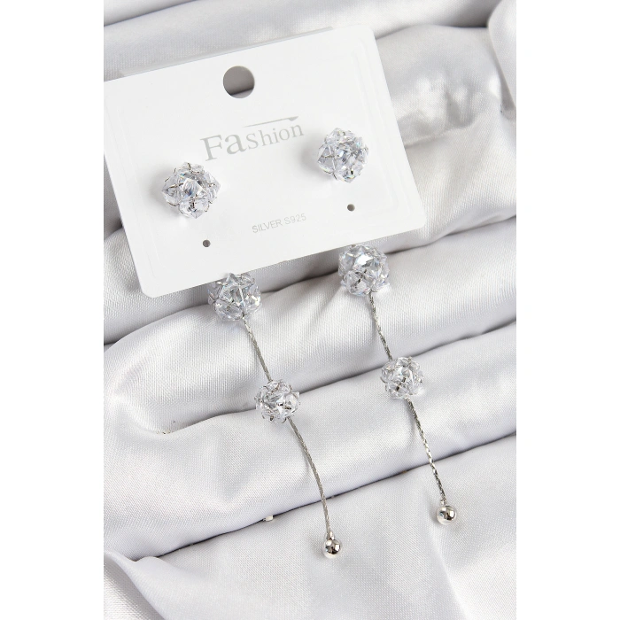 Pirinç Zirkon Taşlı Sallantılı  Model Gümüş Renk 925 Ayar Gümüş Çivi Kadın Küpe - Lisinya