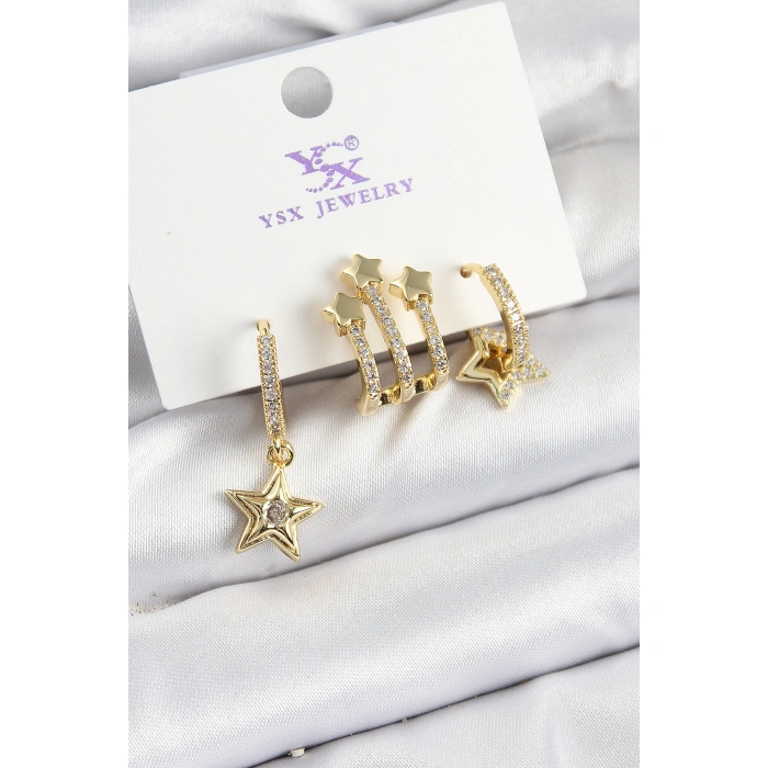 Pirinç Zİrkon Taşlı Sallantılı Yıldız Model Gold Renk 3lü Kadın Küpe - Lisinya