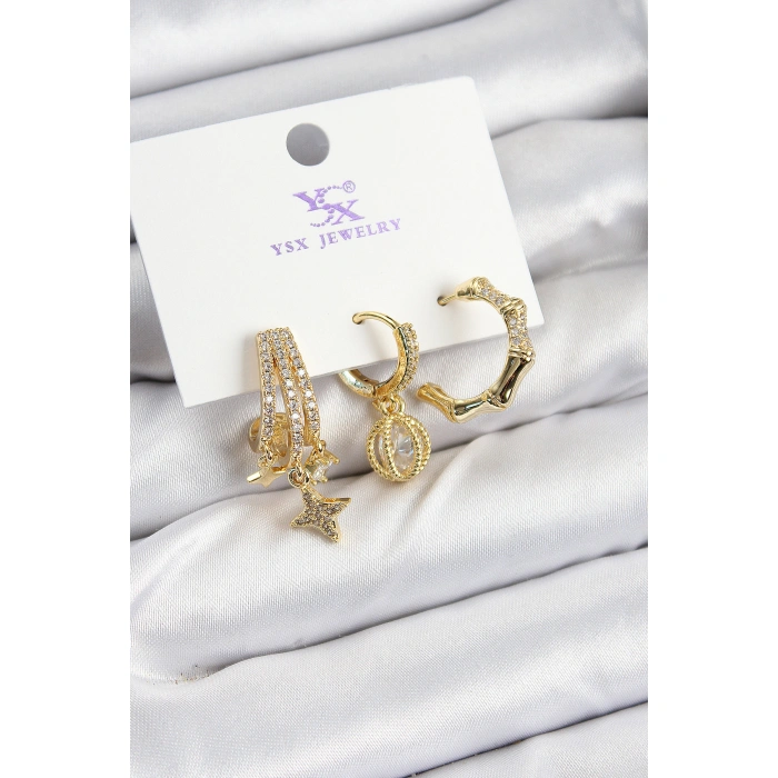 Pirinç Zİrkon Taşlı Sallantılı Yıldız Model Gold Renk 3lü Kadın Küpe - Lisinya