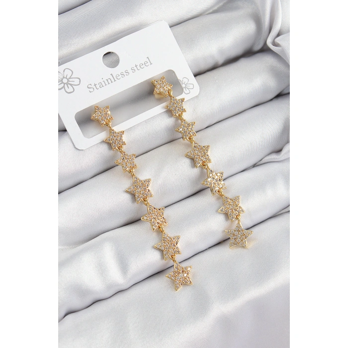 Pirinç Zirkon Taşlı Sallantılı Yıldız Model Gold Renk Kadın Küpe - Lisinya