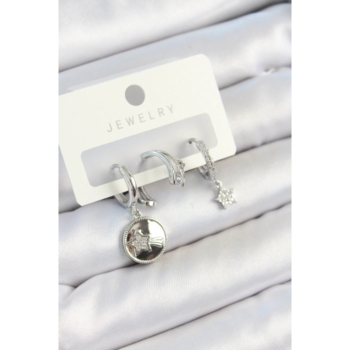 Pirinç Zirkon Taşlı Sallantılı Yıldız Model Gümüş Renk 3lü Çift Kadın Küpe Set - Lisinya