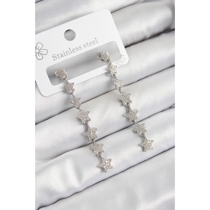 Pirinç Zirkon Taşlı Sallantılı Yıldız Model Gümüş Renk Kadın Küpe - Lisinya
