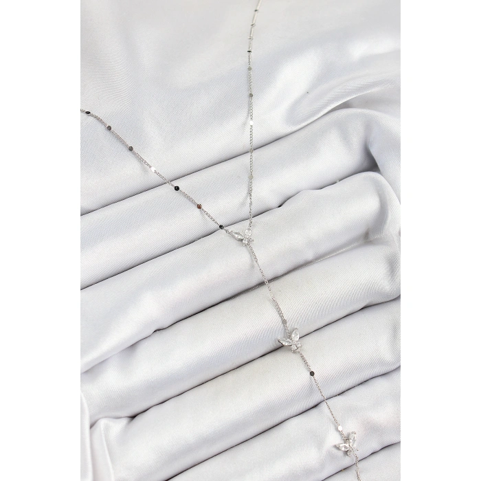 Pirinç Zirkon Taşlı Sıralı Kelebek Figürlü Y Model Gümüş Renk Kadın Kolye - Lisinya