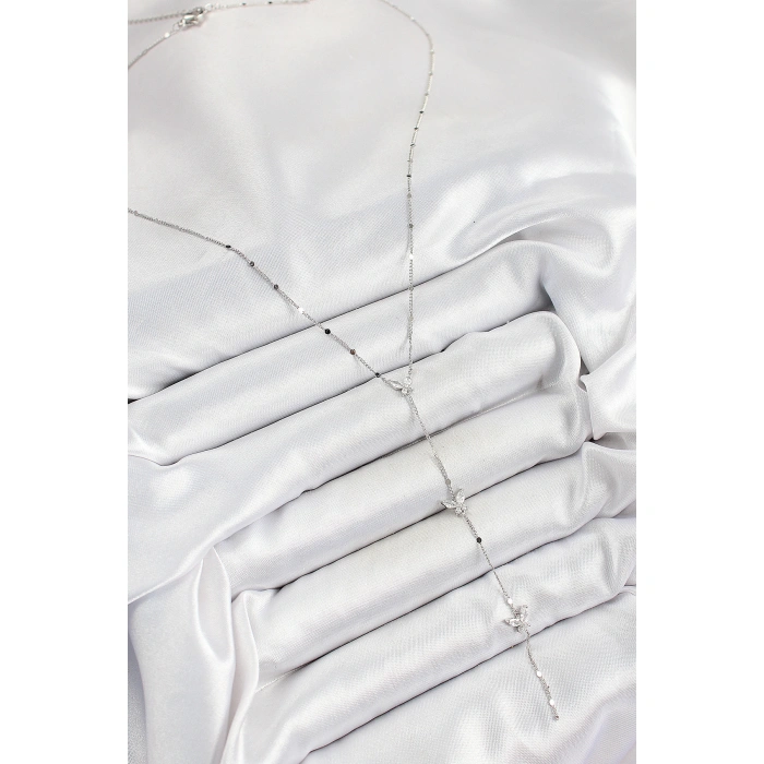 Pirinç Zirkon Taşlı Sıralı Kelebek Figürlü Y Model Gümüş Renk Kadın Kolye - Lisinya