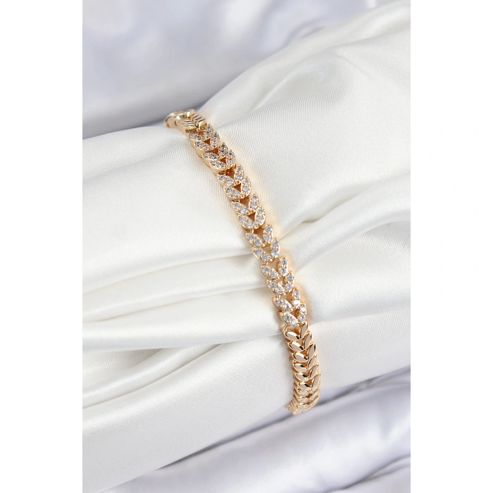 Pirinç Zirkon Taşlı Sıralı Yaprak Model Gold Renk Kadın Bileklik - Lisinya