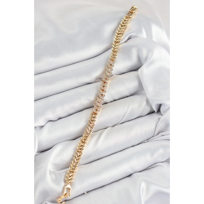 Pirinç Zirkon Taşlı Sıralı Yaprak Model Gold Renk Kadın Bileklik - Lisinya