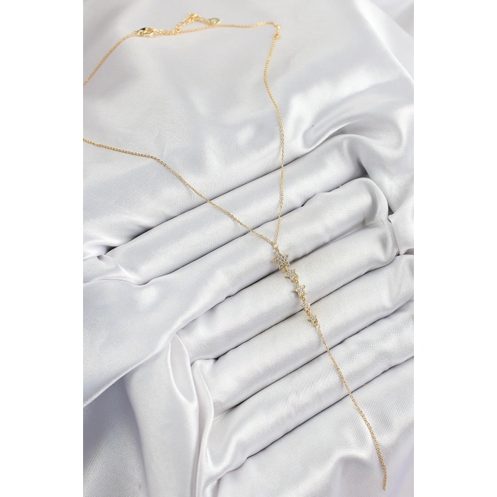 Pirinç Zirkon Taşlı Sıralı Yıldız Figürlü Y Model Gold Renk Kadın Kolye - Lisinya