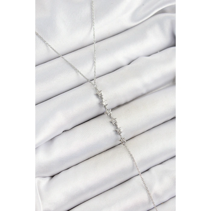 Pirinç Zirkon Taşlı Sıralı Yıldız Figürlü Y Model Gümüş Renk Kadın Kolye - Lisinya