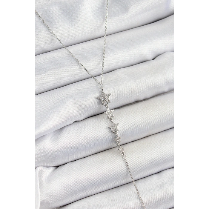 Pirinç Zirkon Taşlı Sıralı Yıldız Figürlü Y Model Gümüş Renk Kadın Kolye - Lisinya