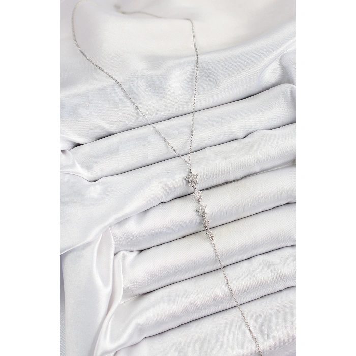 Pirinç Zirkon Taşlı Sıralı Yıldız Figürlü Y Model Gümüş Renk Kadın Kolye - Lisinya