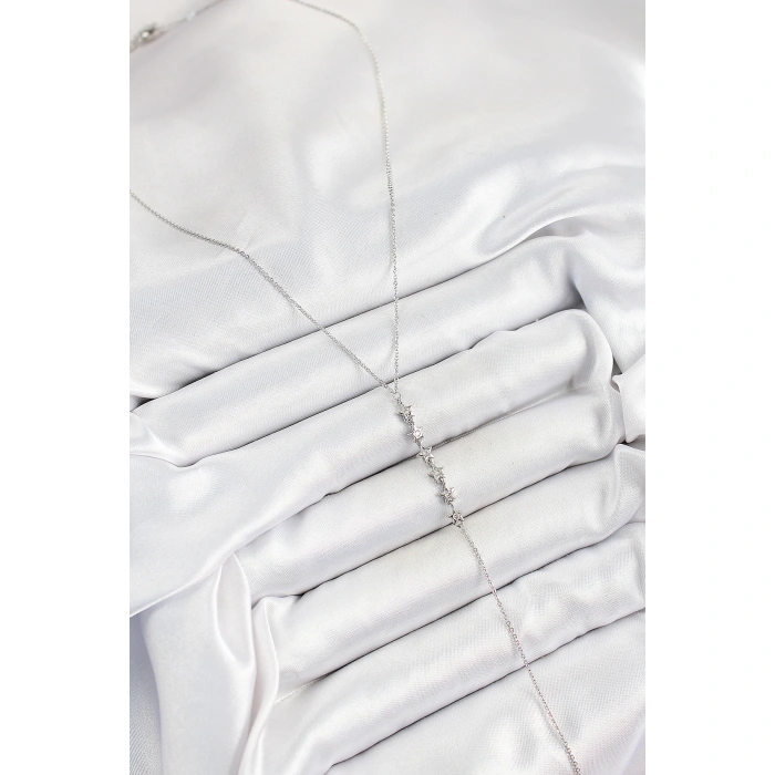 Pirinç Zirkon Taşlı Sıralı Yıldız Figürlü Y Model Gümüş Renk Kadın Kolye - Lisinya