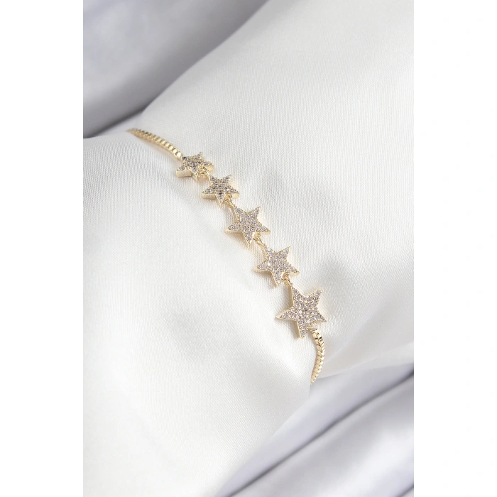 Pirinç Zirkon Taşlı Sıralı Yıldız Model Gold Renk Asansörlü Kadın Bileklik - Lisinya