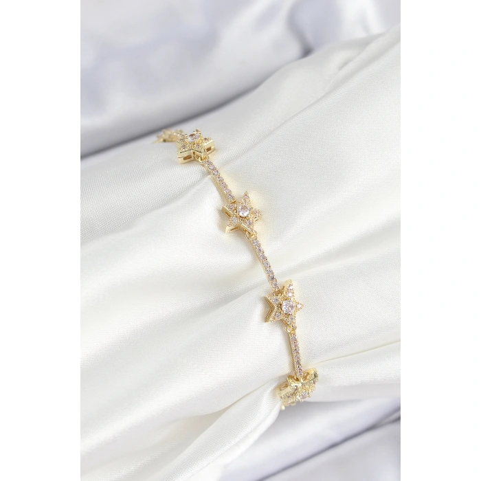 Pirinç Zirkon Taşlı Sıralı Yıldız Model Gold Renk Kadın Bileklik - Lisinya