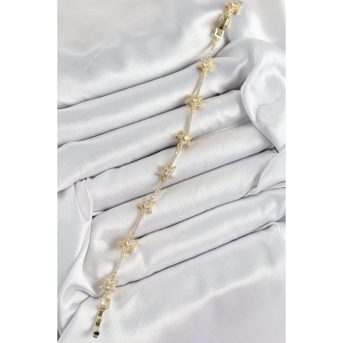 Pirinç Zirkon Taşlı Sıralı Yıldız Model Gold Renk Kadın Bileklik - Lisinya