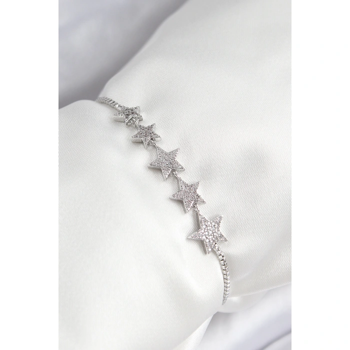 Pirinç Zirkon Taşlı Sıralı Yıldız Model Gümüş Renk Asansörlü Kadın Bileklik - Lisinya