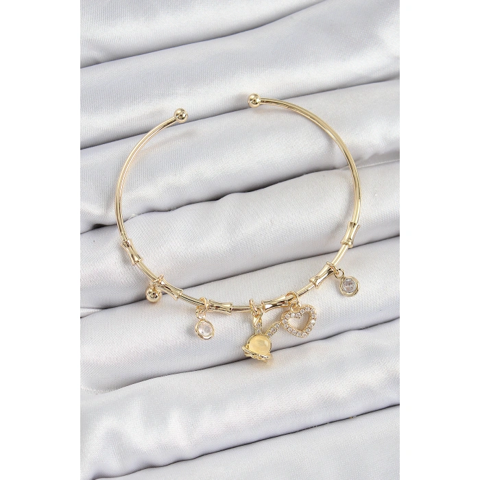 Pirinç Zirkon Taşlı Tavşan Ve Kalp Model Gold Renk Charm Bileklik - Lisinya
