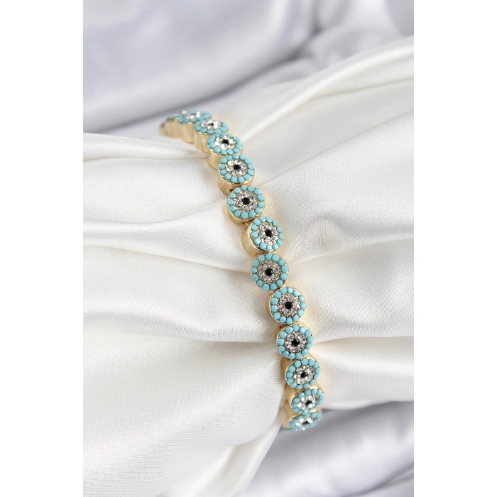 Pirinç Zirkon Taşlı Turkuaz Nazar Model Gold Renk Lastikli Kadın Bileklik - Lisinya