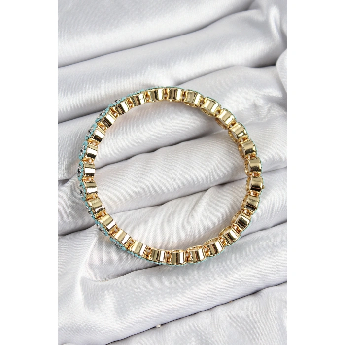 Pirinç Zirkon Taşlı Turkuaz Nazar Model Gold Renk Lastikli Kadın Bileklik - Lisinya