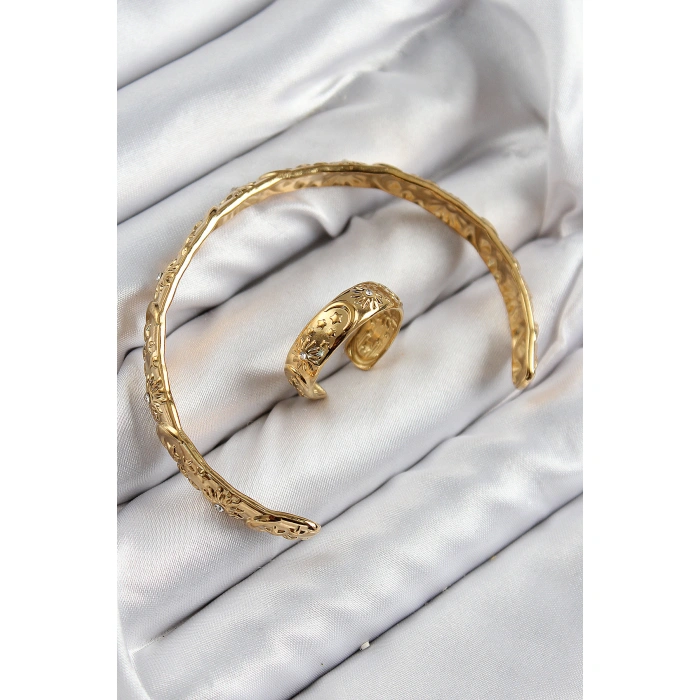 Pirinç Zirkon Taşlı Vintage Model Gold Renk Bileklik Yüzük Set - Lisinya